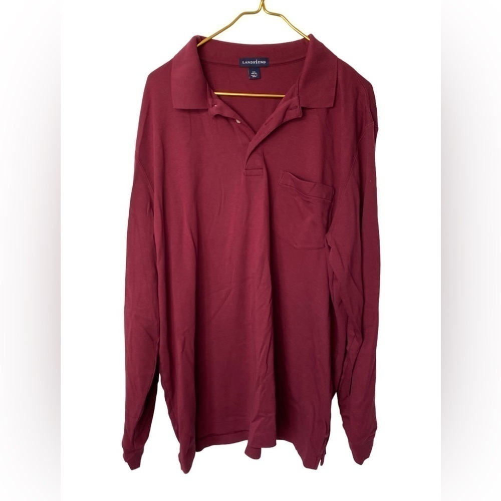 Lands’ End Burgundy Casual Cotton Long Sleeve Grandpa Polo Shirt Men’s XXL 50-52